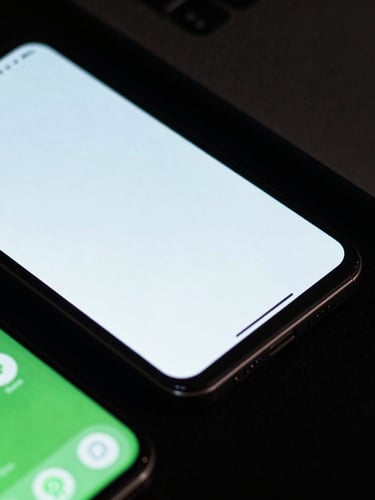 Macro shot of physical Android devices showing smooth UI transitions under realistic screen glow, deep shadows, dark editorial technology photography