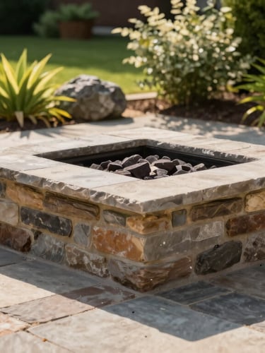 A beautifully crafted stone paver patio with a built-in fire pit, surrounded by lush green landscaping under warm afternoon sunlight, sharp focus.