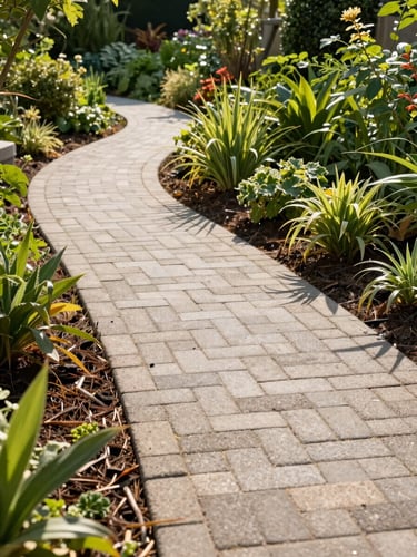 Bright outdoor photography of a pristine newly laid paver walkway winding through a lush, freshly mulched garden bed under warm afternoon sunlight, sharp focus, 35mm