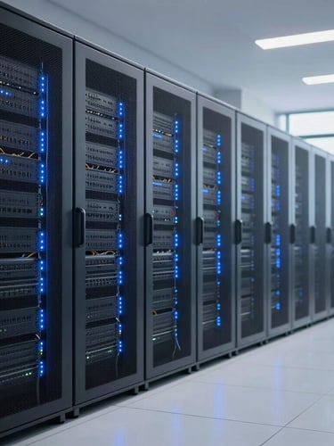 Wide panoramic clean server room with blue LED status lights, neat cabling, and reflective flooring, professional corporate photography