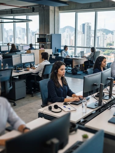 Wide-angle crisp editorial photograph of a modern, well-lit customer operations center in São Paulo, professional agents working at clean desks with dual monitors, cool blue and slate tones, shallow depth of field.