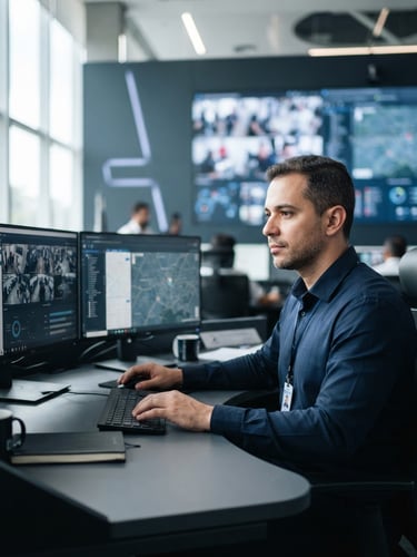Medium close-up of a professional security operations manager in a clean, modern Brazilian control center, cool blue tones, soft natural lighting.