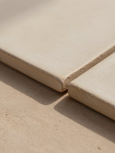 Macro photograph of hand-pressed ceramic tile edges in soft, directional Arizona sunlight, highlighting the raw clay texture and subtle matte beige glaze variations, 35mm