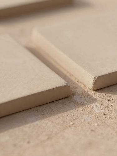 Macro shot of hand-pressed raw clay tile edges drying in soft Arizona morning light, warm editorial photography, 35mm