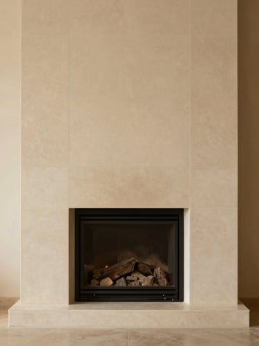 Straight-on architectural elevation of a minimalist fireplace clad in matte, textured cream tiles, soft side light, warm editorial style.