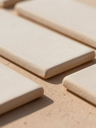 Macro photograph of hand-pressed ceramic tile edges with matte mineral glazes, warm Arizona daylight casting soft shadows, 35mm editorial style