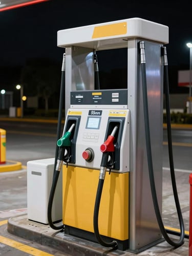 Specialized fuel extraction pump operating on a gas station forecourt, crisp realistic daylight, focus on the safety equipment, 35mm lens
