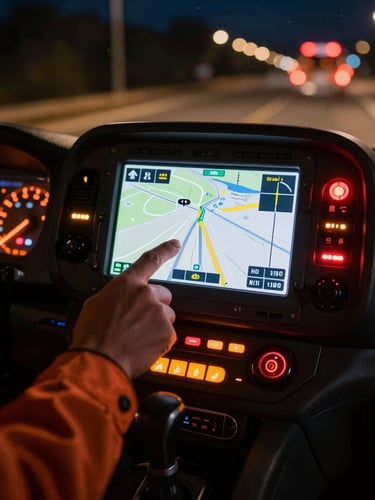 Close-up of a professional technician's hand pointing at an illuminated GPS navigation map screen inside an emergency response vehicle, dashboard lights glowing in safety orange and red, night setting