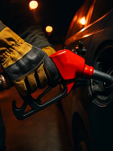 Close-up of hands in heavy-duty safety gloves connecting a clean, specialized fuel extraction hose to a car tank nozzle, crisp daylight, professional automotive equipment.