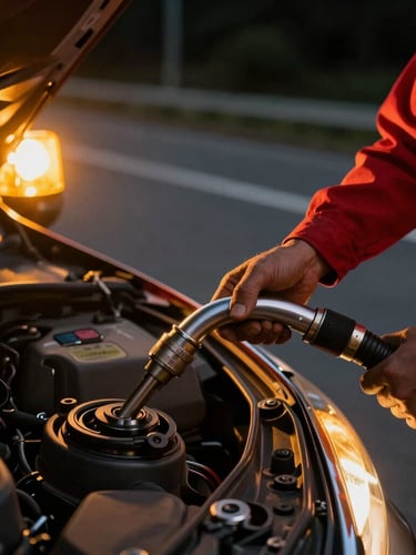 Close-up of a professional technician connecting a specialized fuel extraction hose to a car tank on a night roadside, dramatic amber emergency lights, 35mm lens