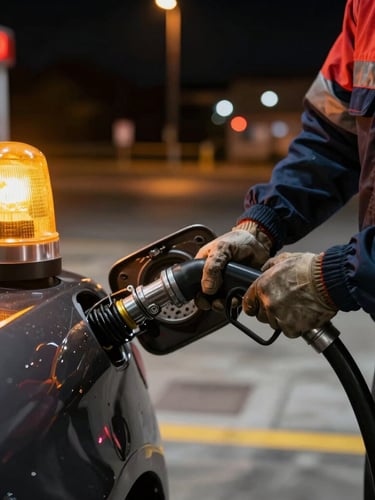 Close-up of a professional technician connecting a safety extraction hose to a car fuel tank at a Madrid gas station at night, dramatic amber emergency lighting, sharp focus, 35mm lens.