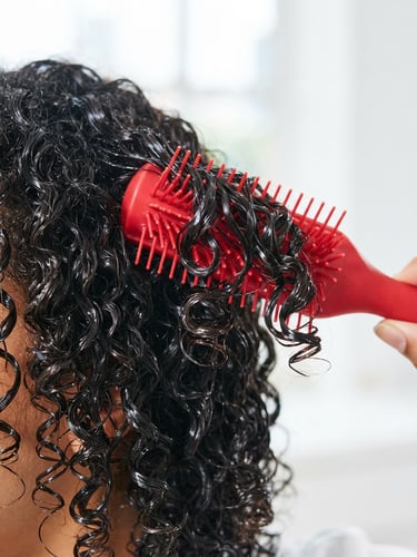 Macro close-up of wet, product-coated coily hair being styled with a vibrant red curl brush, clean studio lighting, sharp focus on defined curl clumps.