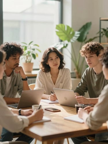 Warm editorial photography of a diverse, relaxed team collaborating around a wooden table in a sunlit, plant-filled office, soft diffused daylight, shallow depth of field, 35mm.