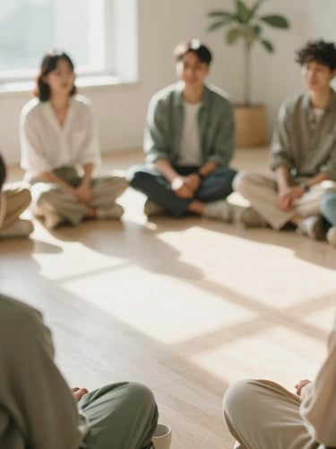 Soft natural daylight photo of a relaxed peer support circle sitting in a warm, sunlit community room, calming sage and beige tones, shallow depth of field, 35mm