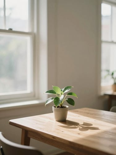 A quiet, sunlit room with large windows, a single healthy green plant on a wooden table, soft diffused natural daylight, calming sage and beige tones, shallow depth of field, 35mm