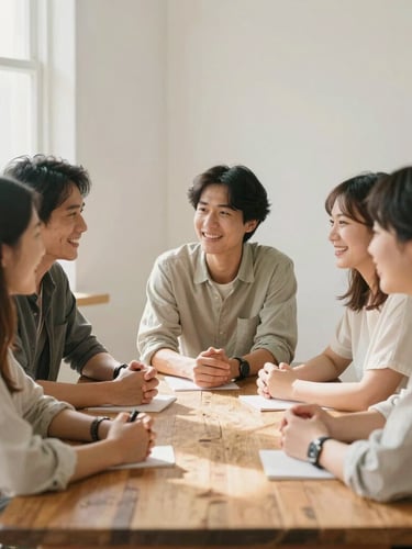 A group of diverse professionals collaborating in a sunlit, relaxed space, smiling and talking around a rustic wooden table, soft natural daylight, 35mm