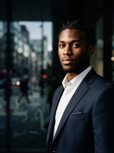 Sharp editorial portrait of a young athlete in a dark tailored suit, dramatic high-contrast side-lighting, looking directly at the camera, modern office glass reflection in background.
