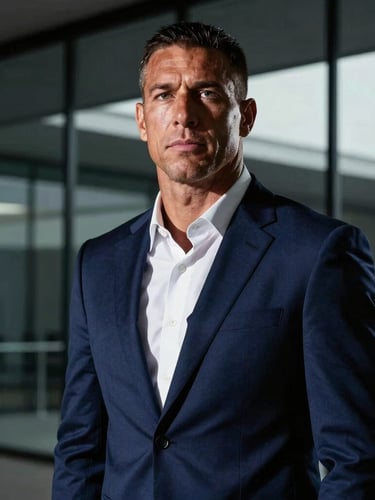 Tight, powerful portrait of a former athlete in a sharp navy suit looking directly at the camera, high-contrast dramatic side-lighting, modern office glass background, shallow depth of field.
