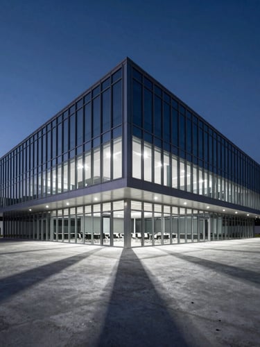 Dramatic wide architectural shot of a modern steel-and-glass corporate boardroom at dusk, crisp stadium-like floodlights casting long sharp shadows across the polished concrete floor.