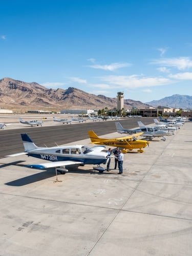 Wide-angle documentary photograph of general aviation aircraft parked on the tarmac at Henderson Executive Airport under bright Nevada desert daylight, clean blue sky, sharp focus