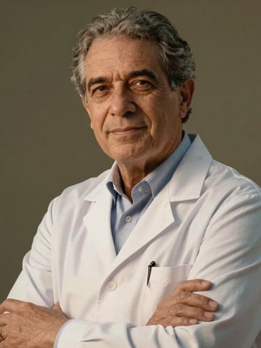 Retrato de meio corpo do Dr. José Evilazio Vieira, expressão serena e acolhedora de escuta ativa, iluminação lateral suave de fim de tarde com tons de areia e verde oliva ao fundo