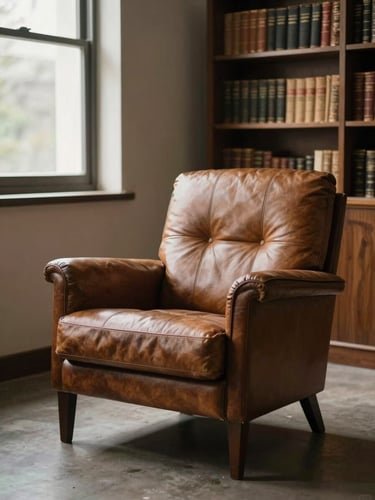 Consultório silencioso com poltrona de couro vazia sob luz natural suave de uma janela lateral, estante de livros antigos ao fundo em tons terrosos