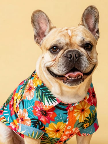 Vibrant studio photography of a happy French bulldog wearing a colorful tropical floral shirt, bright cheerful daylight, warm tones, crisp focus, shallow depth of field.