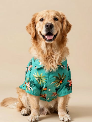 A happy fluffy golden retriever wearing a vibrant teal tropical pet shirt, sitting proudly in warm natural daylight, crisp focus studio photography