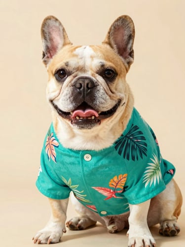 A happy French Bulldog wearing a vibrant tropical teal pet shirt, sitting proudly in bright warm daylight, crisp focus, cheerful studio setting
