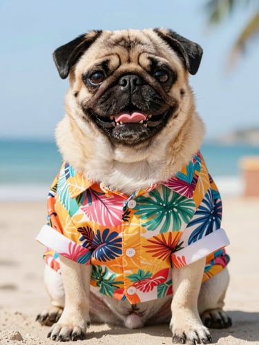 A joyful pug wearing a colorful tropical shirt sitting in bright daylight, vibrant studio photography, shallow depth of field