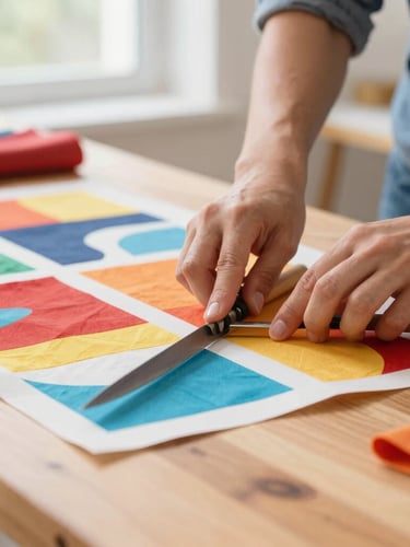 Close-up of artisan hands carefully cutting colorful fabric patterns on a clean wooden table, with bright natural light coming through a window, warm and joyful atmosphere.