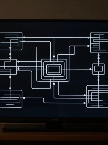 Orthographic flat-lay of a clean vector system architecture diagram on a pitch-black screen, sharp white connection lines, low-key moody indirect ambient light, high contrast.