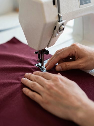 Close-up of hands delicately guiding fabric through a high-end industrial sewing machine, detailed stitching, warm natural workshop light, shallow depth of field, 35mm.