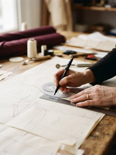 Close-up of hands meticulously drafting a fashion pattern on a large table, soft natural workshop light, shallow depth of field, 35mm