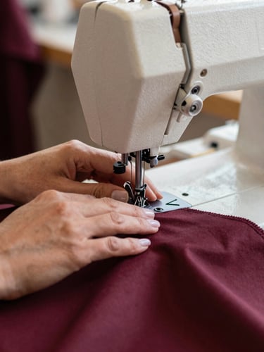 Close-up portrait of skilled hands guiding a piece of fabric through a professional sewing machine, intricate stitching visible, warm natural workshop light, soft side-lighting, deep burgundy and ivory tones, shallow depth of field, 35mm