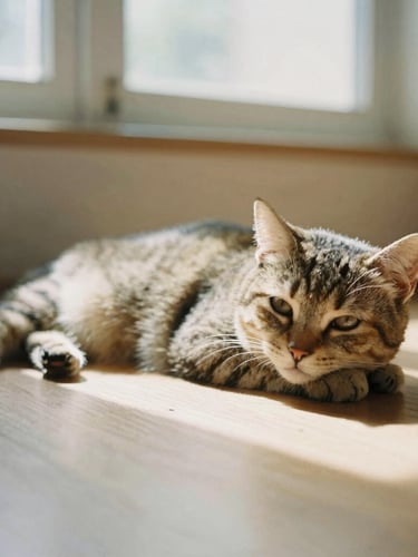 A soft-focus portrait of a cat resting in a warm patch of sunlight on a light wooden floor, quiet and peaceful atmosphere, 35mm film style.