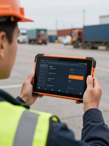 Over-the-shoulder view of a field engineer in a high-visibility vest holding a rugged Android tablet, displaying a high-contrast dark UI with safety orange accents, overcast daylight in an industrial shipping yard, shallow depth of field, 35mm