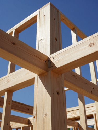 Close-up, low-angle shot of a complex heavy timber framing joint on a residential construction site, bright direct sunlight, crisp shadows, high-contrast cool tones, wide-angle lens, deep depth of field.