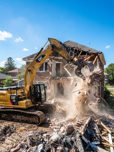 Wide-angle action shot of a large yellow excavator tearing down a residential structure, dust and debris in motion, bright direct sunlight, crisp shadows, cool tones, wide-angle lens, deep depth of field, clear blue sky.