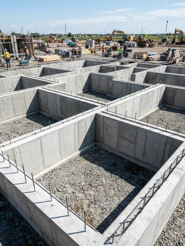 Wide-angle shot of newly poured concrete foundation walls, crisp edges, bright direct sunlight, deep shadows, construction site in background, low horizon, structural blueprint aesthetic.