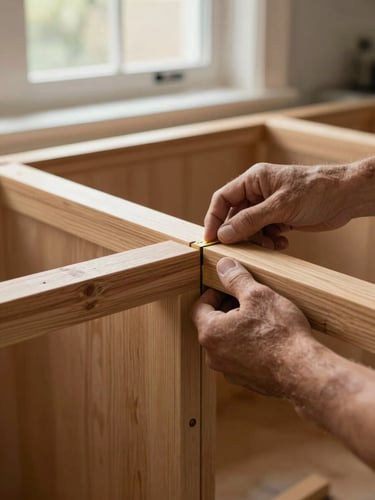 Close-up of a carpenter's hands fastening oak cabinet face frames in a residential kitchen under soft north-facing window light, wood grain and joinery detail visible, warm natural tones