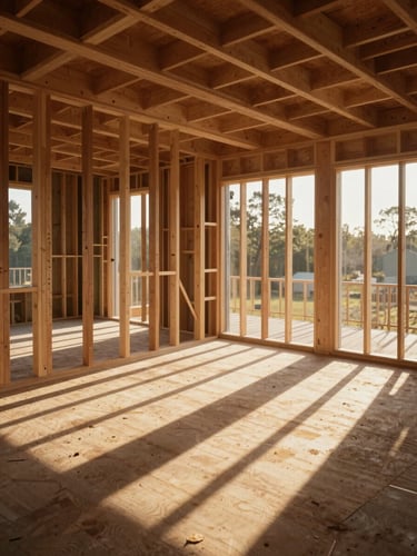 Wide environmental shot of a newly framed home addition interior in golden-hour sidelighting, exposed lumber studs casting long shadows, fresh subfloor visible, no people, documentary style