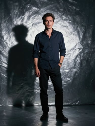Dramatic chiaroscuro portrait of a creative director in a dark studio, single hard light source casting deep shadows, silver metallic reflections, ultra-wide framing