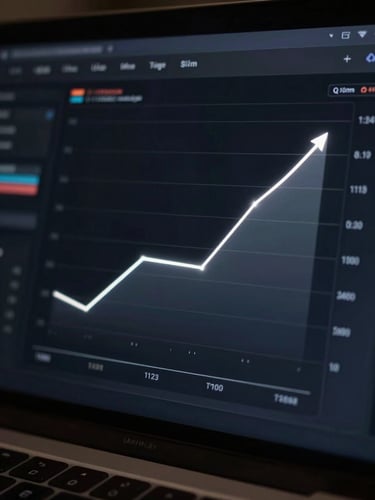 Extreme close-up of a sleek dark UI dashboard showing glowing silver growth curves, low-key chiaroscuro lighting, deep shadows, ultra-premium aesthetic
