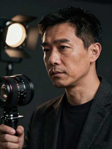Cinematic close-up of a creative director in a dark focused studio environment, single-source hard light, deep dramatic shadows, premium agency vibe