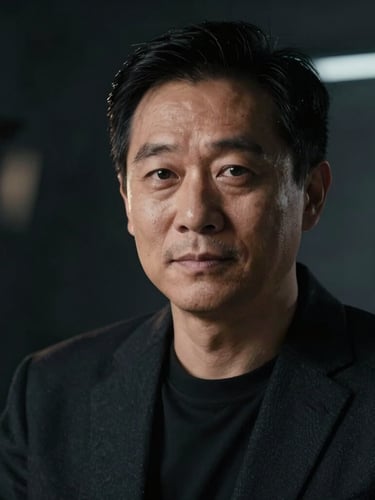Cinematic close-up of a creative director in a dark obsidian studio, single-source hard silver light casting deep shadows, highly focused atmosphere.