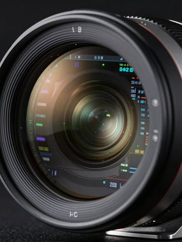 Extreme close-up of a high-end camera lens reflecting a complex data dashboard, dark studio setting, sharp silver accents.