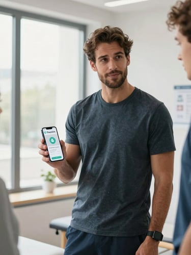 Wide portrait shot of a bright, modern physiotherapy clinic with natural daylight. Matteo Spier in athletic-casual business wear is holding a smartphone, demonstrating the TheraOn white-label app interface to a colleague. Clean design, no generic stock feel.