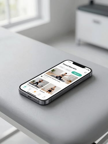 Modern smartphone lying on a clean slate-gray treatment table in a bright physiotherapy clinic, displaying a custom-branded app interface with training videos, natural window light.