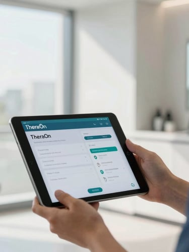A high-end modern physiotherapy clinic interior, bright natural daylight streaming through large windows, a professional showing a tablet screen with the TheraOn app, close-up framing.